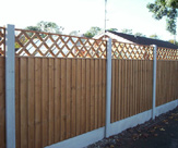 F06 - Concrete Slotted Posts, Smooth Faced Gravel Boards, 6ft x 4ft Feather Edge Fence Panels and 6ft x 1ft Diamond Trellis